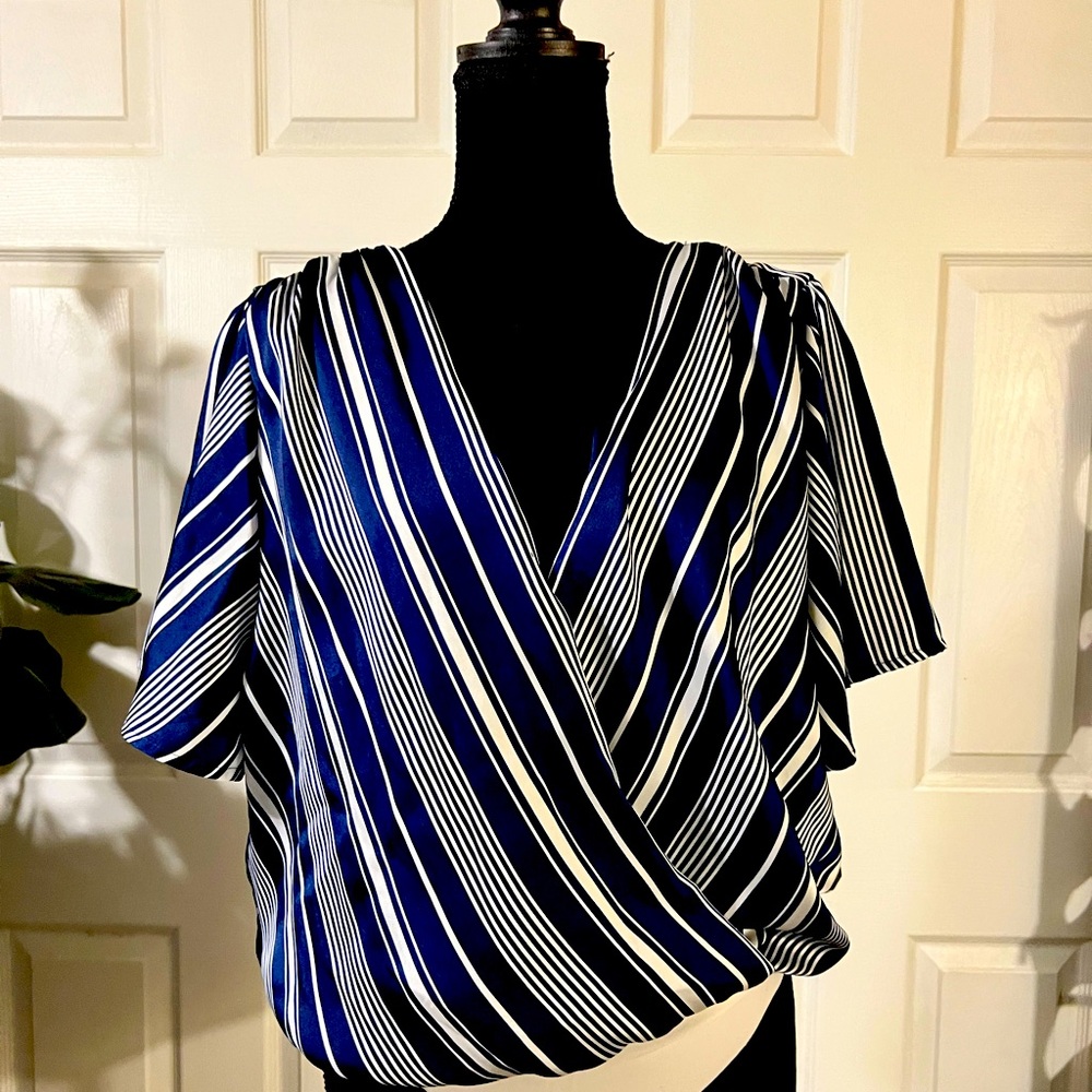 Haute Monde Striped Blue and White Women's V-Neck Bodysuit SIZE 1XL